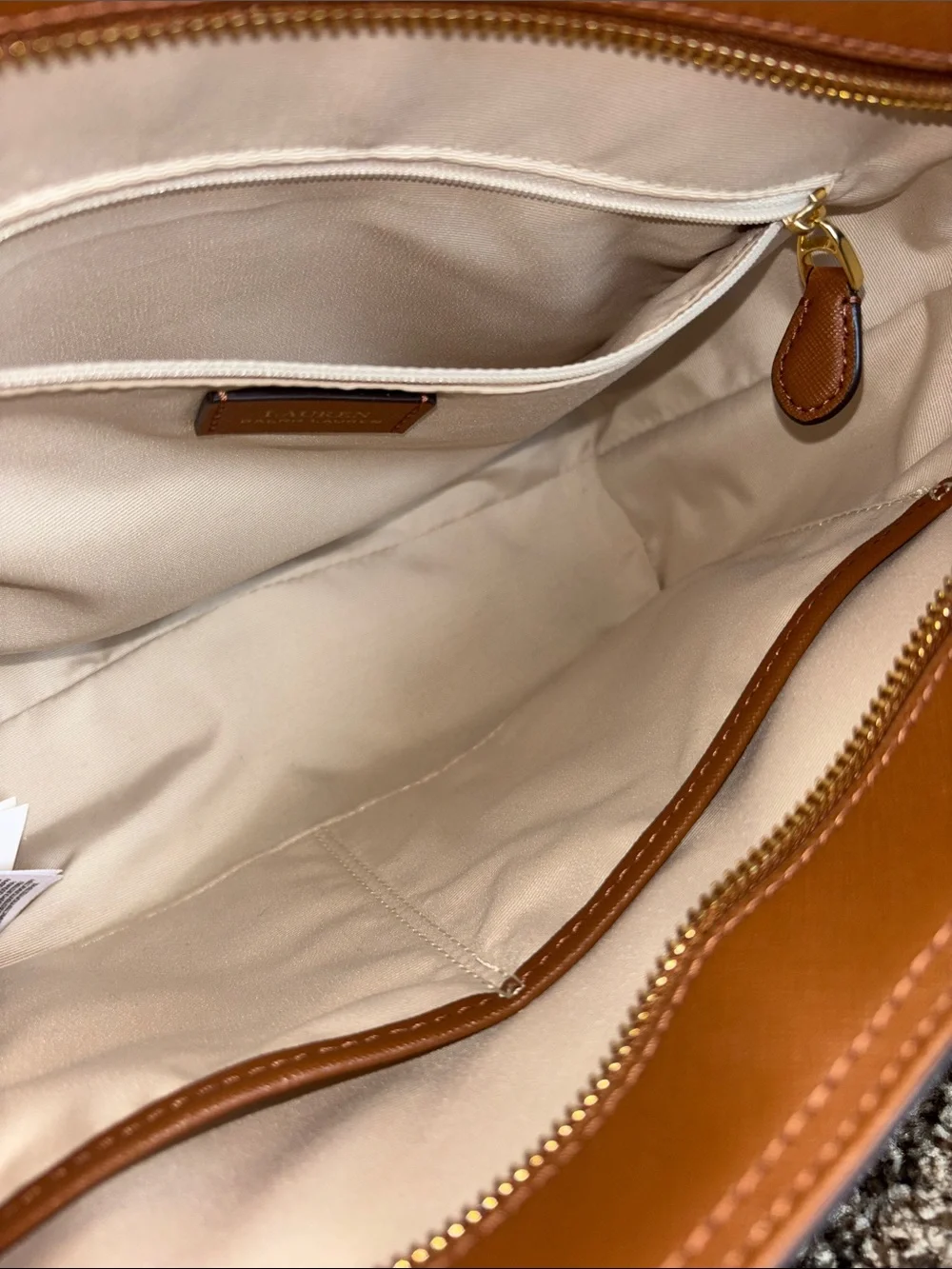 Ralph Lauren Cognac Brown Leather Tote with Gold RL Accent —-LIKE NEW—